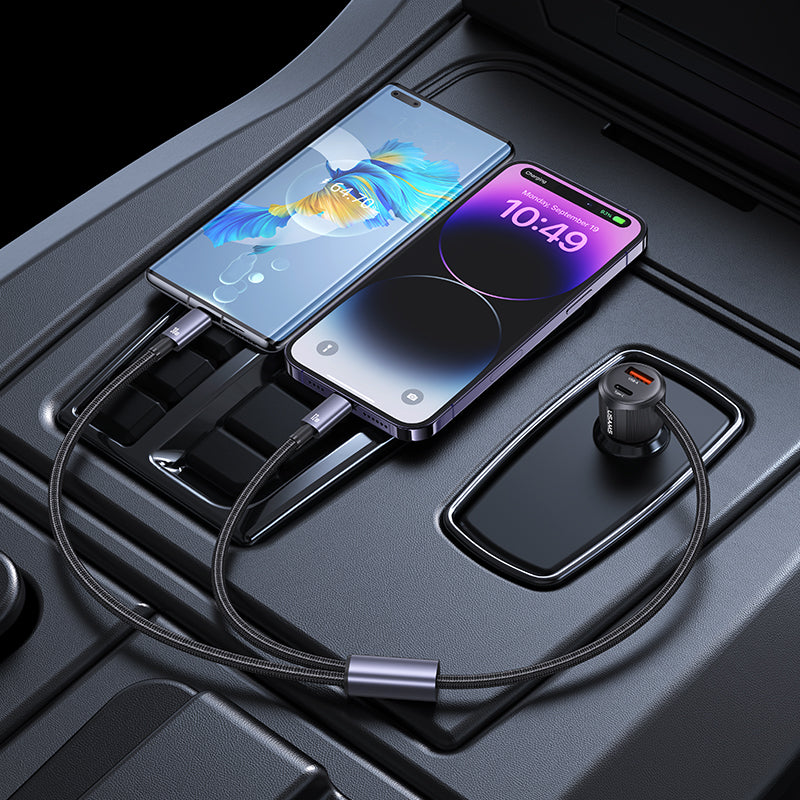 Dual-Port Car Charger with 1 metre Type-C / Lightning Cable