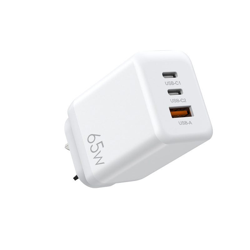 65W GaN Fast Charging Wall Charger Dual USB-C + USB-A Adapter