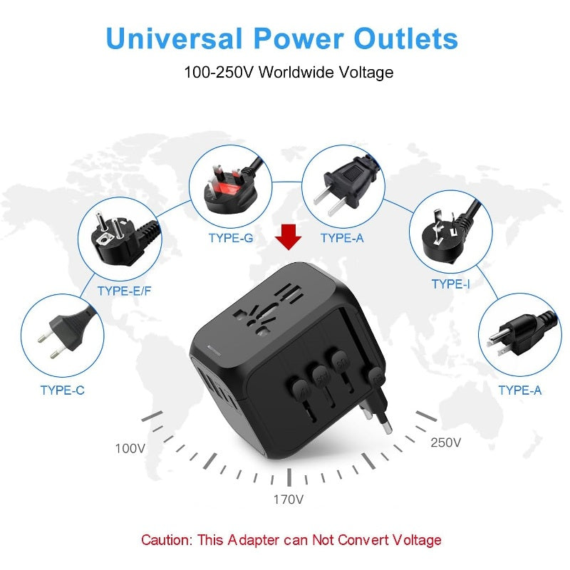 International Travel Adapter Charger Universal Plug For EU UK AU US with USB USB-C Ports