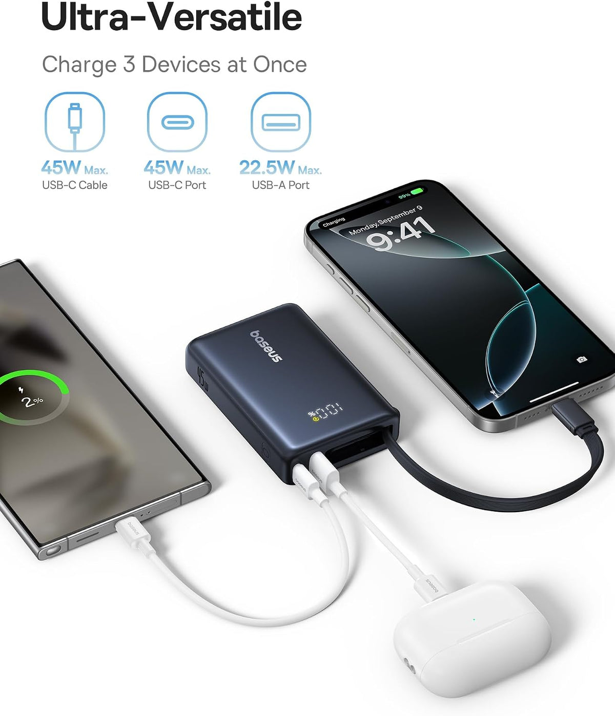 Baseus 10000mAh 45W Fast Charge Power Bank with Built-in Type-C Cable
