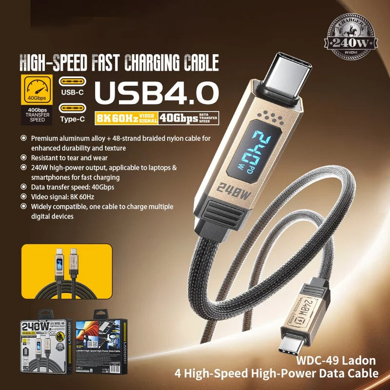 USB-C to USB-C 240W Digital Display Data Charging Cable 1.2m