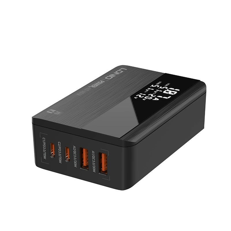 70W USB-C wall charger with 4 ports and digital display, supporting fast charging for multiple devices.