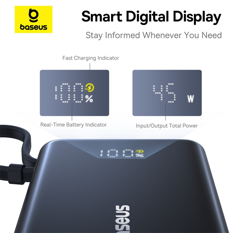 Baseus 10000mAh 45W Fast Charge Power Bank with Built-in Type-C Cable