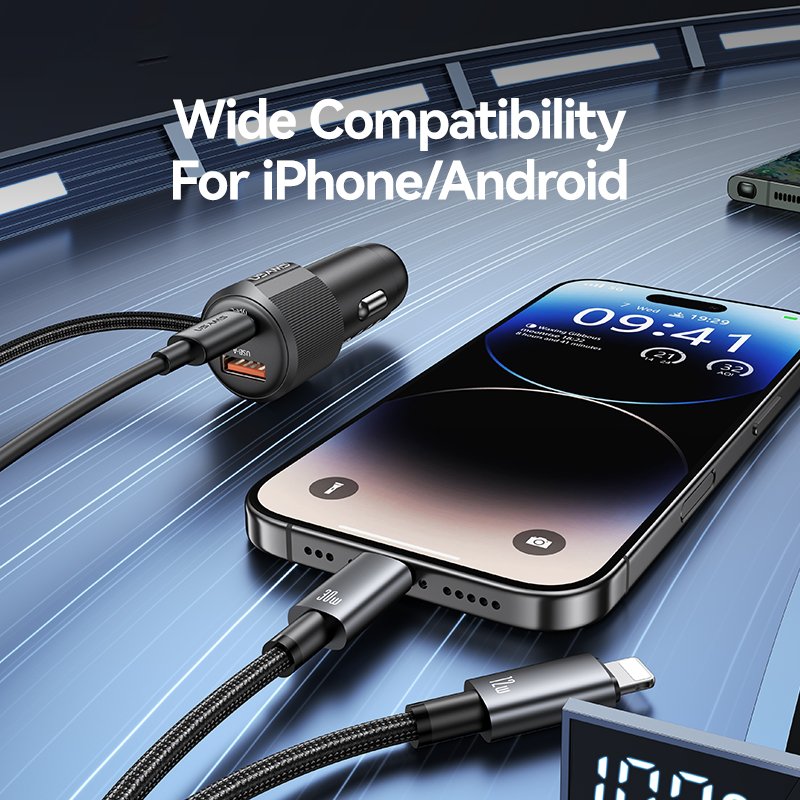 Dual-Port Car Charger with 1 metre Type-C / Lightning Cable