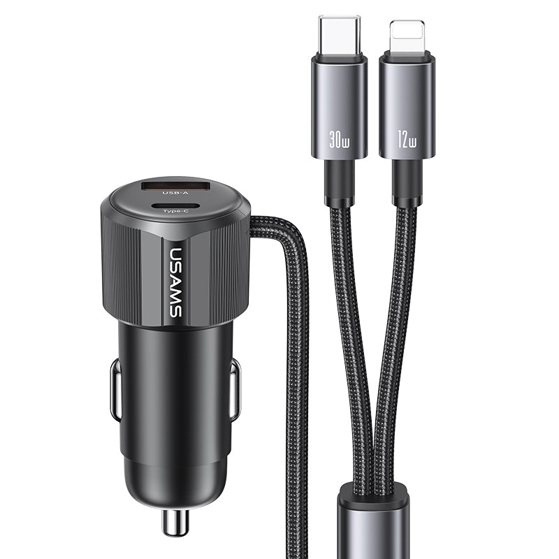 Dual-Port Car Charger with 1 metre Type-C / Lightning Cable