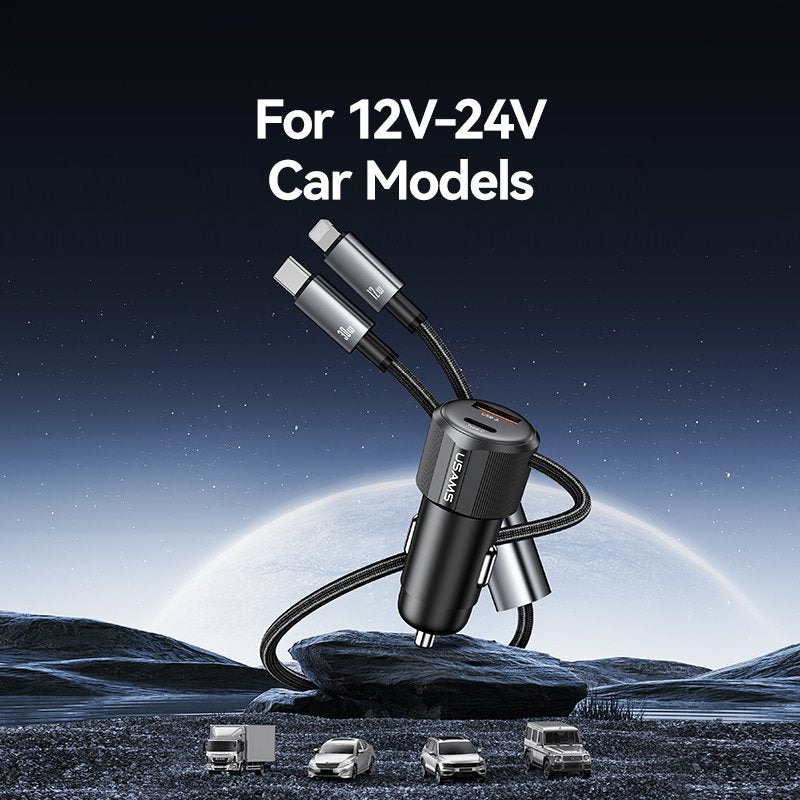 Dual-Port Car Charger with 1 metre Type-C / Lightning Cable