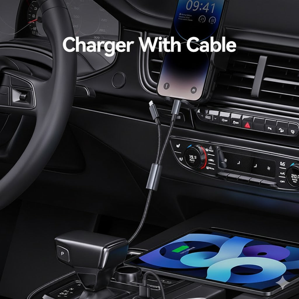 Dual-Port Car Charger with 1 metre Type-C / Lightning Cable