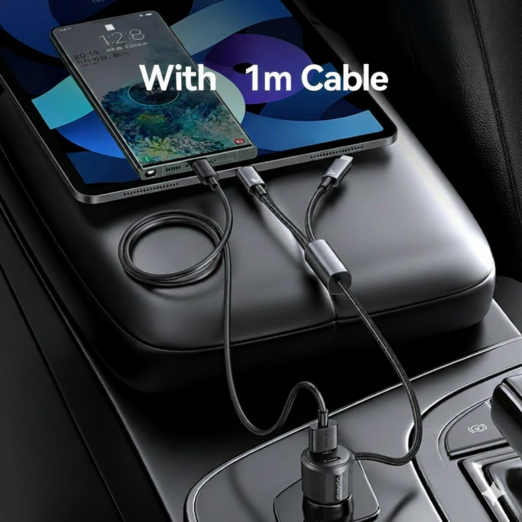 Dual-Port Car Charger with 1 metre Type-C / Lightning Cable