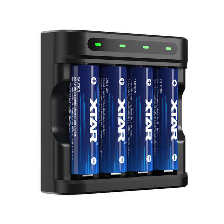 four rechargeable lithium AA batteries with LED indicators for charging status.