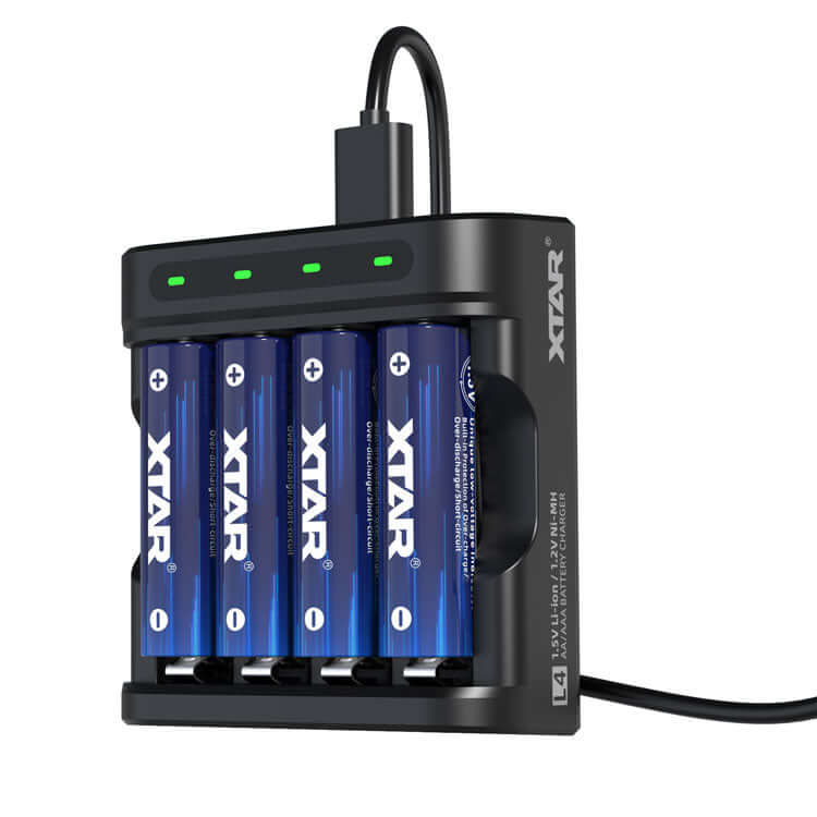 XTAR battery charger for rechargeable batteries with charging indicators and USB connection.