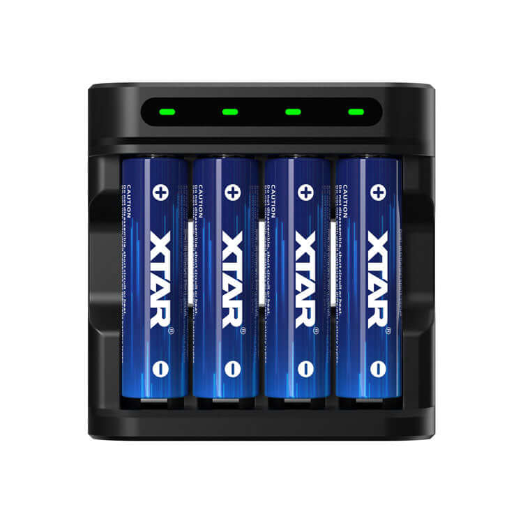 rechargeable battery charger with four AA batteries and LED indicators for charging status.