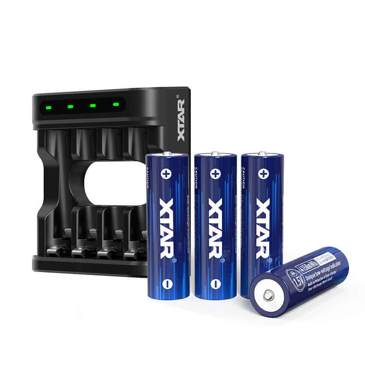 4-pack 1.5V AA rechargeable batteries with a battery charger