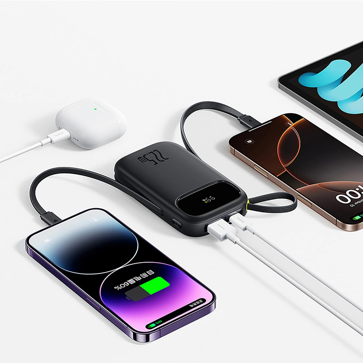 Baseus 20000mAh Powerbank Digital Display With Built-in Cables USB-C + Lightning