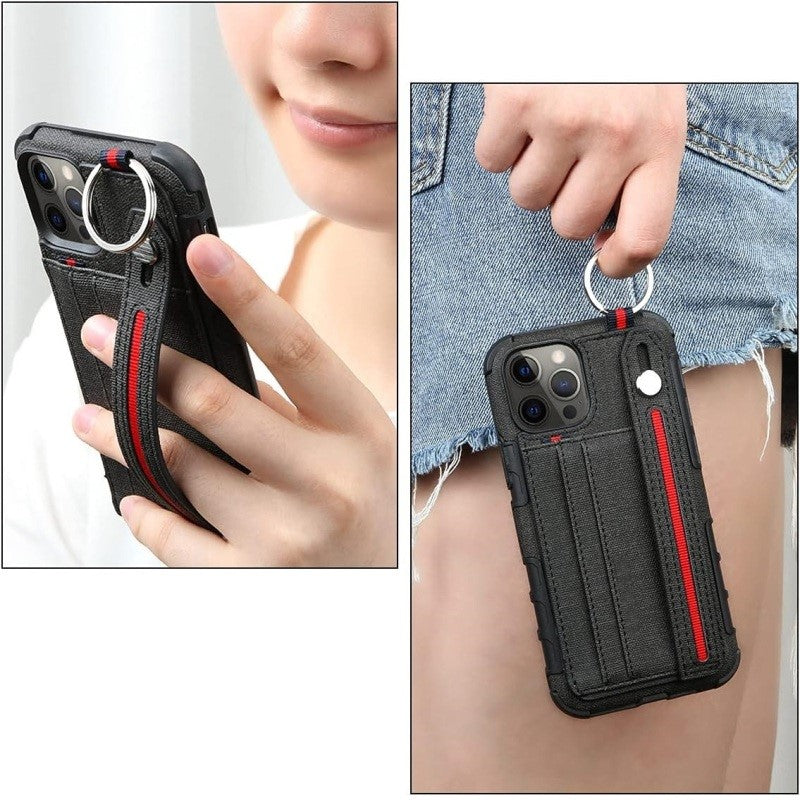 iPhone 12 Pro Max Back Case with Card Holder Ring Grip Hand Strap