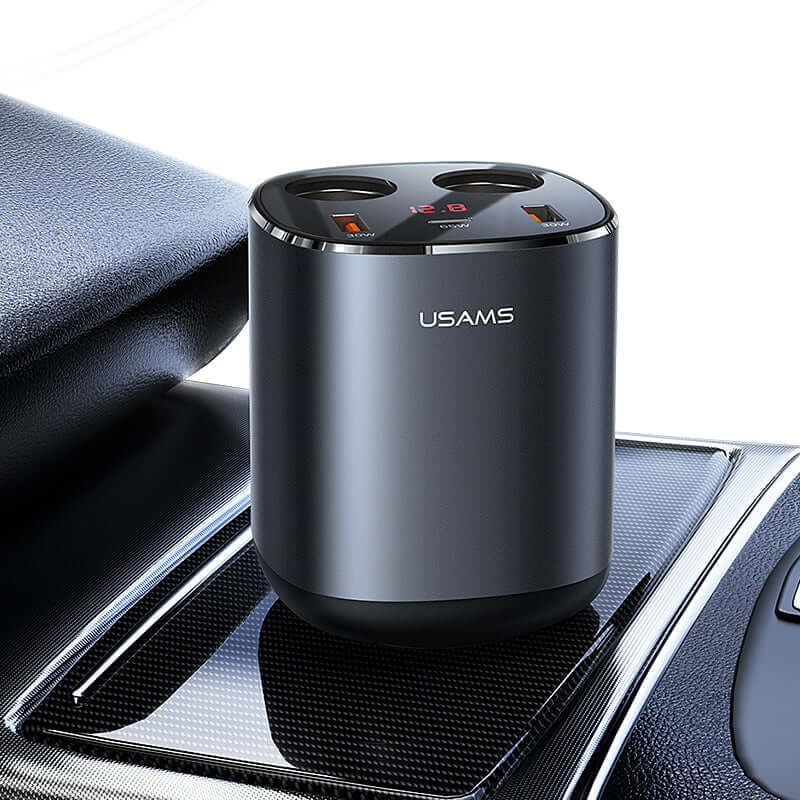 Digital Display Fast Car Charger 2 USB Port + 1 Type C Port + Dual Cigarette Lighters Total 245W