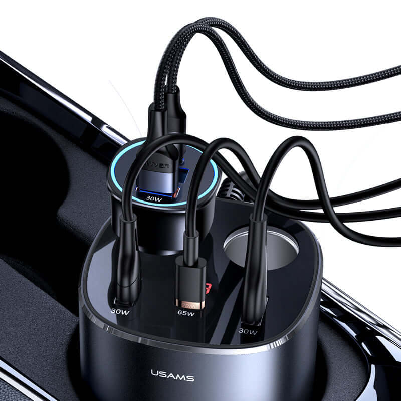 Digital Display Fast Car Charger 2 USB Port + 1 Type C Port + Dual Cigarette Lighters Total 245W