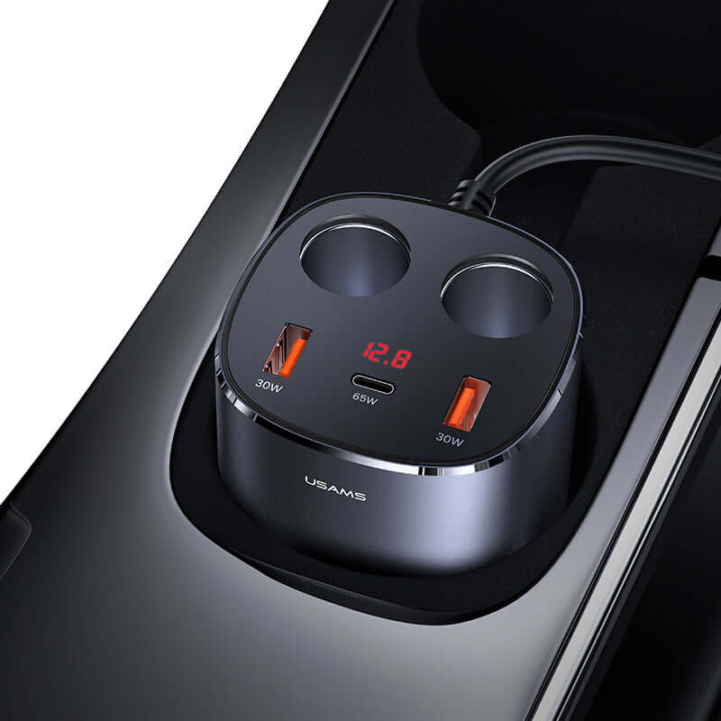 Digital Display Fast Car Charger 2 USB Port + 1 Type C Port + Dual Cigarette Lighters Total 245W